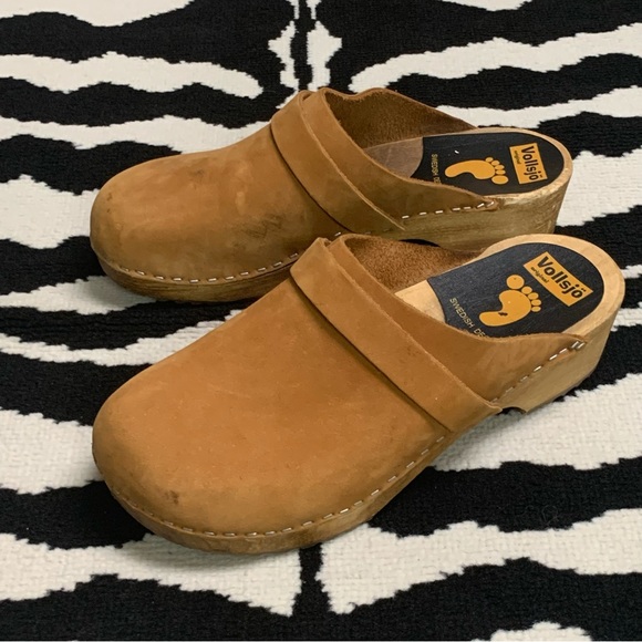 Vollsjo Swedish Brown Camel Suede Leather Wooden Clogs Slip On Mules Retro Boho - Picture 7 of 16